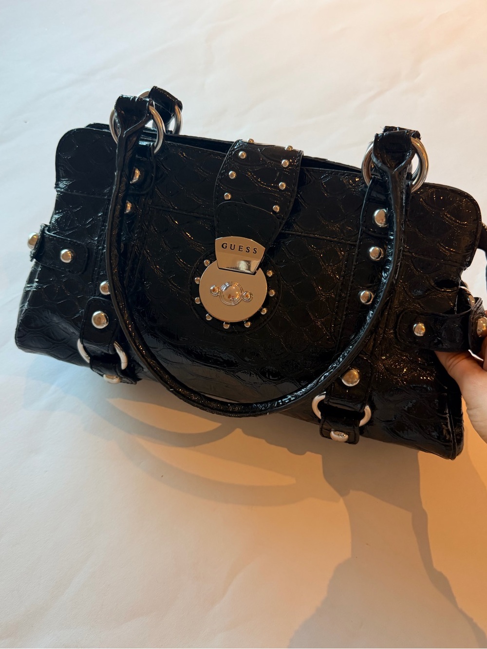 Vintage Guess Black Patent Croc Embossed Studded Satchel Bag